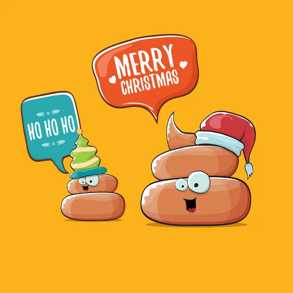 Flippige handgezeichnete Weihnachtsgrußkarte. Vektor lustige cartoon cool winzige braune Poo-Charakter mit Weihnachtsmann rot und seine Poo-Elf Freund isoliert auf orangefarbenem Hintergrund, — Stockvektor