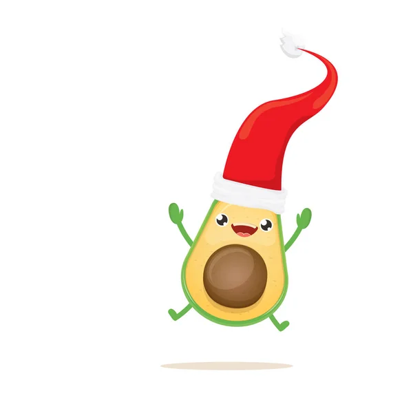 Desenho animado personagem de abacate feliz com chapéu vermelho de santa claus isolado no fundo branco. vetor caráter funky fruta natal com boné vermelho. Elementos de design de Natal para cartaz, cartão postal, banners — Vetor de Stock