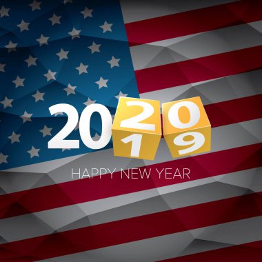 2020 Mutlu yıllar yaratıcı tasarım geçmişi ya da tebrik kartı. ABD bayraklarında 2020 yeni yıl sayısı