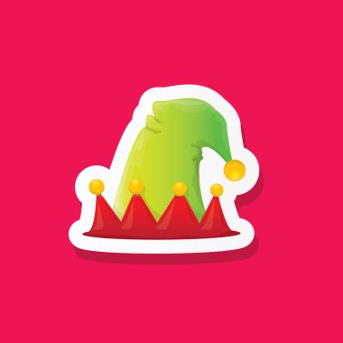 Vektör funky çizgi film şirin noel elf şapka pembe arka planda izole. Vektör çocuklar renkli elf şapkası çıkartması, simge ya da etiket. Pankart, broşür veya poster için Noel dekoratif tasarım ögesi