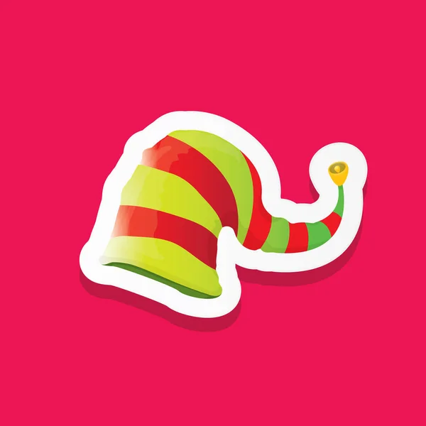 Vector funky cartoon cute christmas elf hat isolated on pink background. vector kids colorful elf hat sticker, icon or label . Christmas decorative design element for banner, flyer or poster — 图库矢量图片