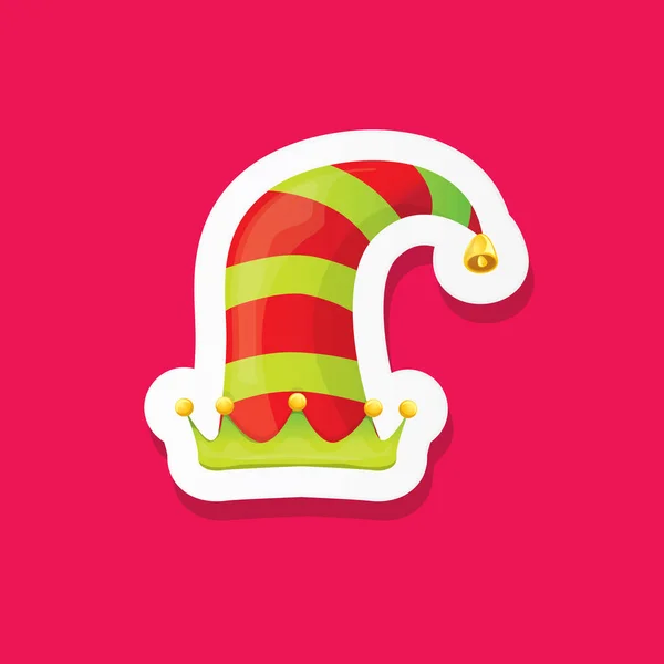 Vecteur funky dessin animé mignon Noël elfe chapeau isolé sur fond rose. autocollant de chapeau d'elfe coloré pour enfants vectoriels, icône ou étiquette. Élément décoratif de Noël pour bannière, flyer ou affiche — Image vectorielle