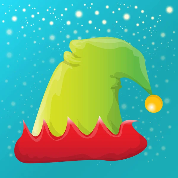 Vektor funky červené a zelené svlečené kreslené Vánoce elf klobouk na azurové obloze pozadí s hvězdami. vektorové děti barevné elf klobouk ikona nebo štítek. Vánoční dekorativní designový prvek pro banner nebo plakát — Stockový vektor