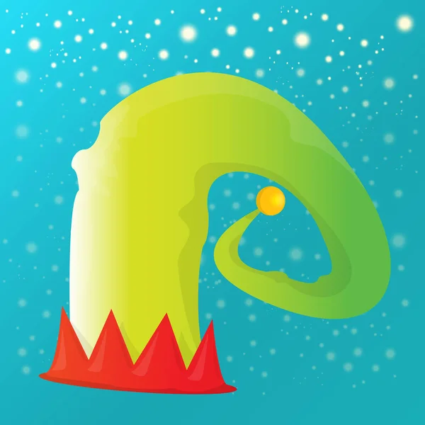 Vektor funky rot-grün gestreifte Cartoon-Weihnachtselfenmütze auf azurblauem Himmel Hintergrund mit Sternen. Vektor Kinder bunte Elfenhut Symbol oder Etikett. Weihnachtsdekoratives Gestaltungselement für Banner oder Poster — Stockvektor