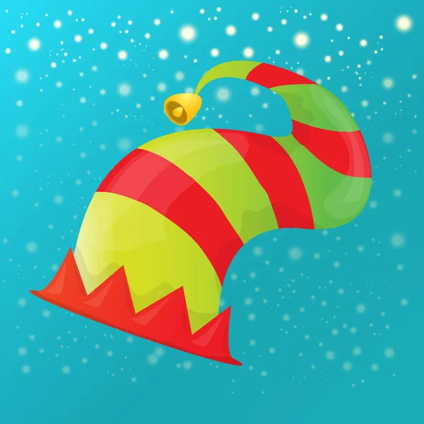 Vecteur funky rouge et vert bande dessinée Noël elfe chapeau sur fond de ciel azur avec des étoiles. vecteur enfants chapeau elfe coloré icône ou étiquette. Élément décoratif de Noël pour bannière ou affiche — Image vectorielle