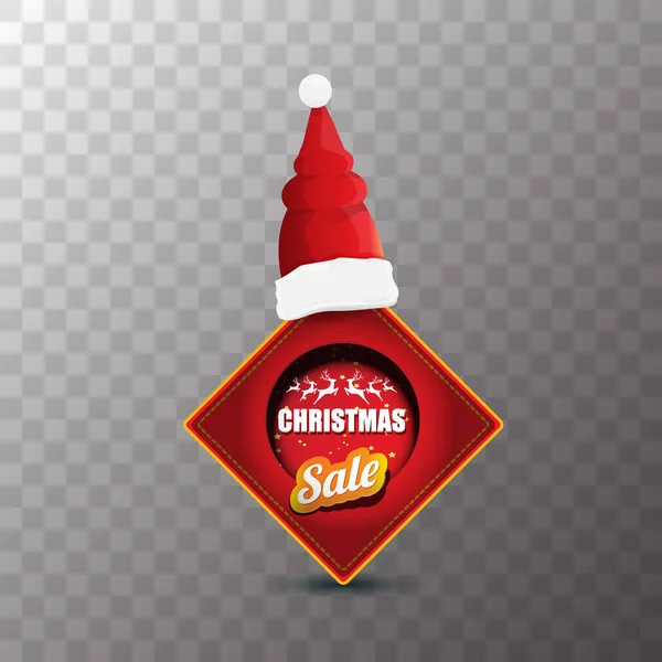 Vektorová vánoční prodejní značka nebo štítek s červenou Santa klobouk izolované na průhledném pozadí. Červená zima vánoční prodej plakát nebo pozadí — Stockový vektor