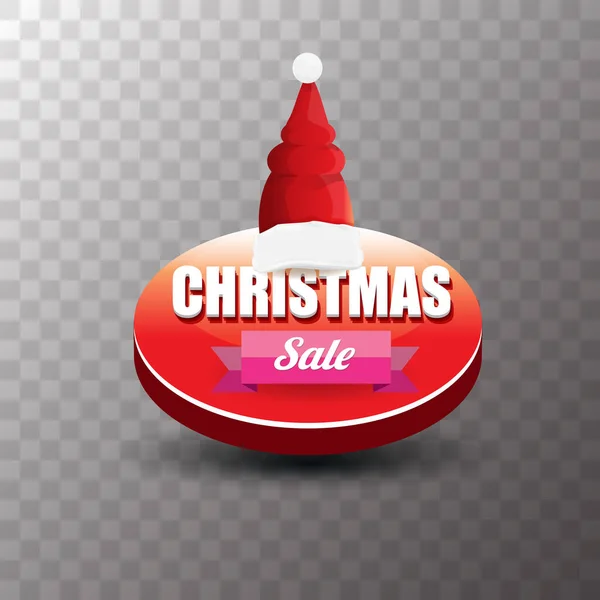 Etiqueta de ventas de Navidad vector o etiqueta con sombrero de santa rojo aislado sobre fondo transparente. Invierno rojo venta de Navidad cartel o fondo — Vector de stock