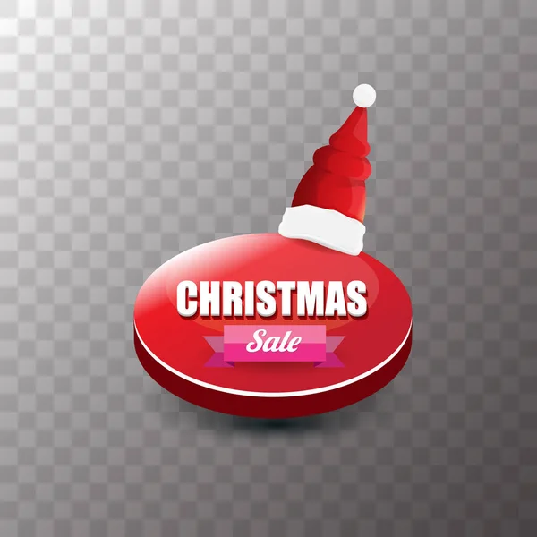 Vector Christmas sales tag or label with red santa hat isolated on transparent background. Red winter Christmas sale poster or background — Stock Vector