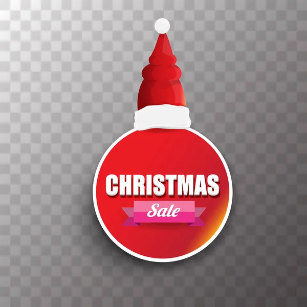 Etiqueta de ventas de Navidad vector o etiqueta con sombrero de santa rojo aislado sobre fondo transparente. Invierno rojo venta de Navidad cartel o fondo — Vector de stock