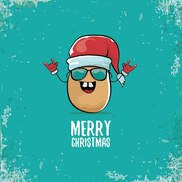 Vector funky comic cartoon cute smiling santa claus potato character with red santa hat and calligraphic merry christmas text isolated on turquoise background. vegetable funky christmas food character — Stock Vector