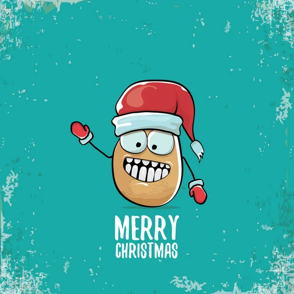 Vector funky comic cartoon cute smiling santa claus potato character with red santa hat and calligraphic merry christmas text isolated on turquoise background. vegetable funky christmas food character — Stock Vector