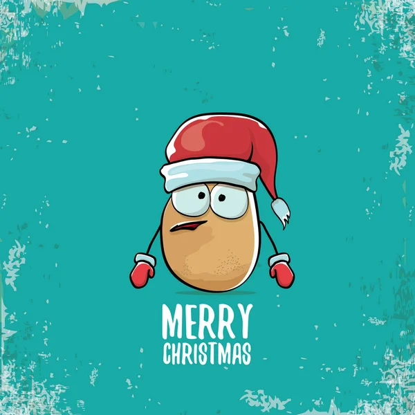 Vector funky comic cartoon cute smiling santa claus potato character with red santa hat and calligraphic merry christmas text isolated on turquoise background. vegetable funky christmas food character — Stock Vector