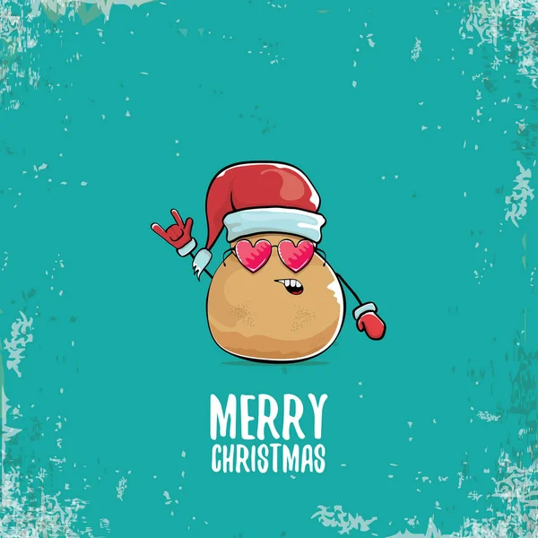 Vector funky cómic de dibujos animados lindo sonriente personaje de papa santa claus con sombrero de santa rojo y caligrafía feliz texto de Navidad aislado sobre fondo turquesa. vegetal funky Navidad comida carácter — Archivo Imágenes Vectoriales