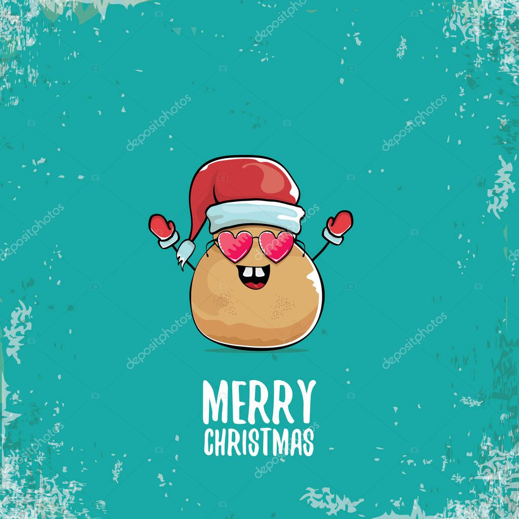 Vector funky cartoon cute smiling santa claus potato character with red santa hat and calligraphic merry christmas text isolated on turquoise background. vegetable funky christmas food character