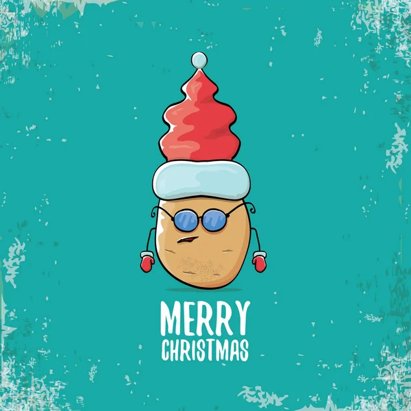 Vector funky cómic de dibujos animados lindo sonriente personaje de papa santa claus con sombrero de santa rojo y caligrafía feliz texto de Navidad aislado sobre fondo turquesa. vegetal funky Navidad comida carácter — Archivo Imágenes Vectoriales