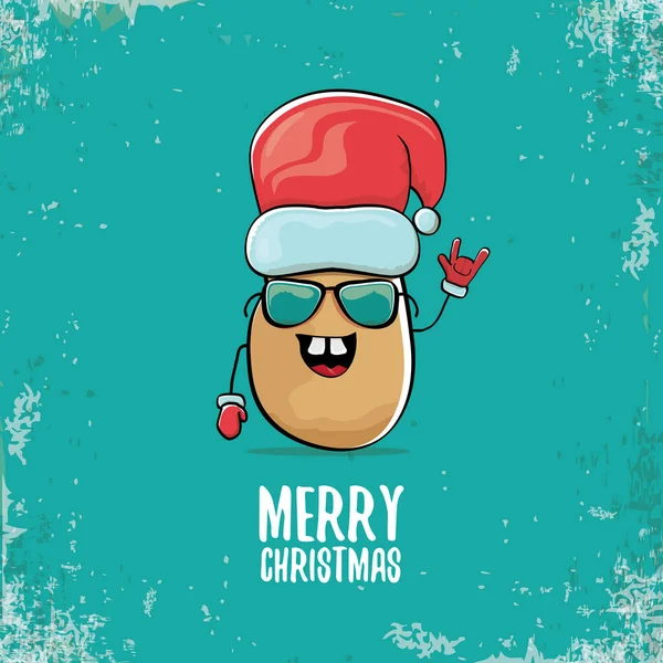 Vector funky comic cartoon cute smiling santa claus potato character with red santa hat and calligraphic merry christmas text isolated on turquoise background. vegetable funky christmas food character — Stock Vector