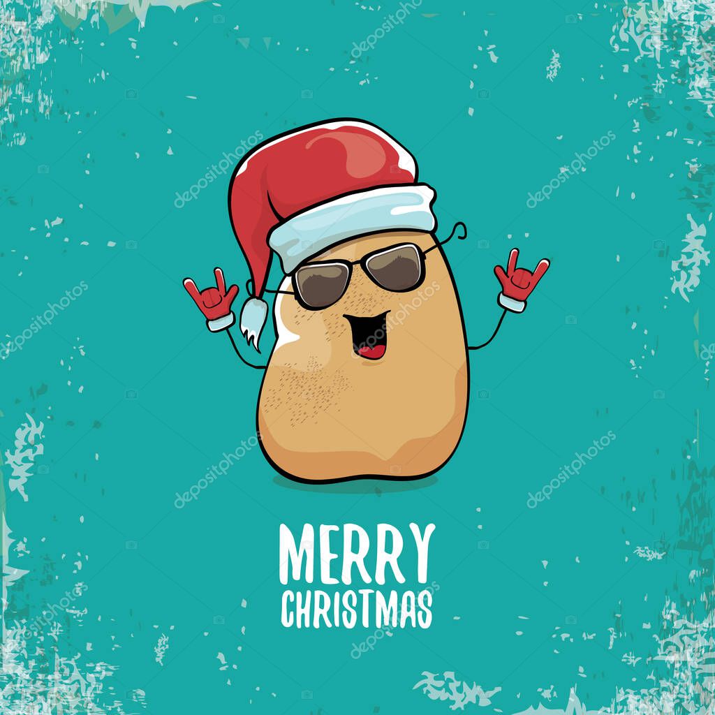 Vector funky cartoon cute smiling santa claus potato character with red santa hat and calligraphic merry christmas text isolated on turquoise background. vegetable funky christmas food character