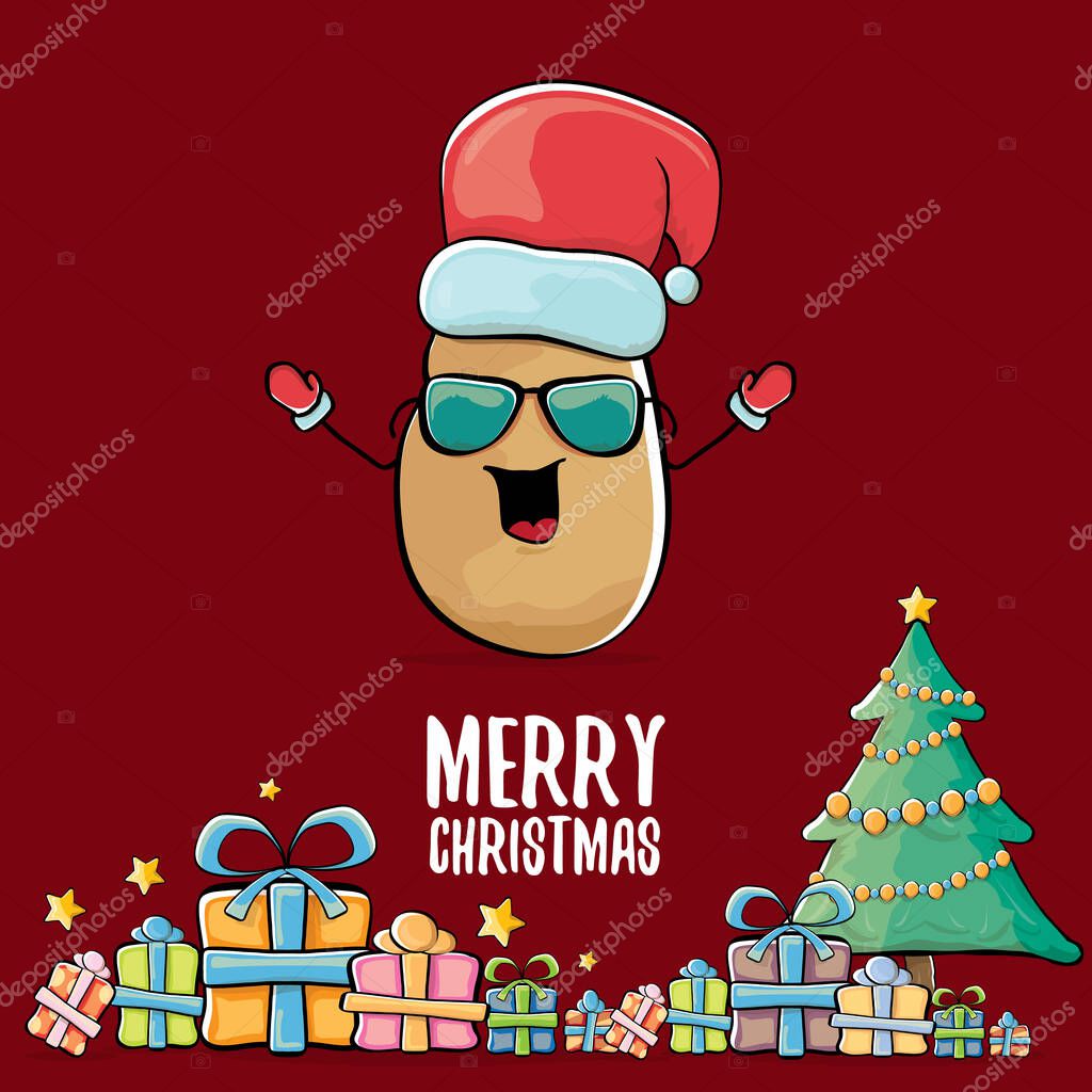 Vector funky comic cartoon cute smiling santa claus potato with red santa hat, gifts, tree and calligraphic merry christmas text isolated on red background. vegetable funky christmas character