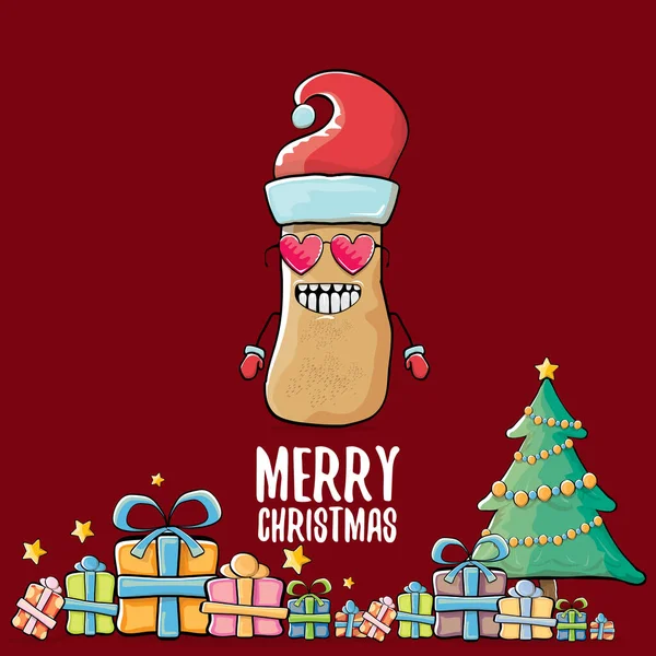 Vecteur funky bande dessinée drôle mignon brun souriant santa claus pomme de terre avec chapeau santa rouge, cadeaux, arbre et texte calligraphique joyeux Noël isolé sur fond rouge. légumes funky caractère de Noël — Image vectorielle