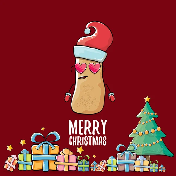 산타클로스가 붉은 색 모자를 쓰고 선물, 나무, 성탄절 성탄절 문자를 빨간 배경에 떼어 놓은 것. 채소 맛나는 크리스마스 주인공 — 스톡 벡터