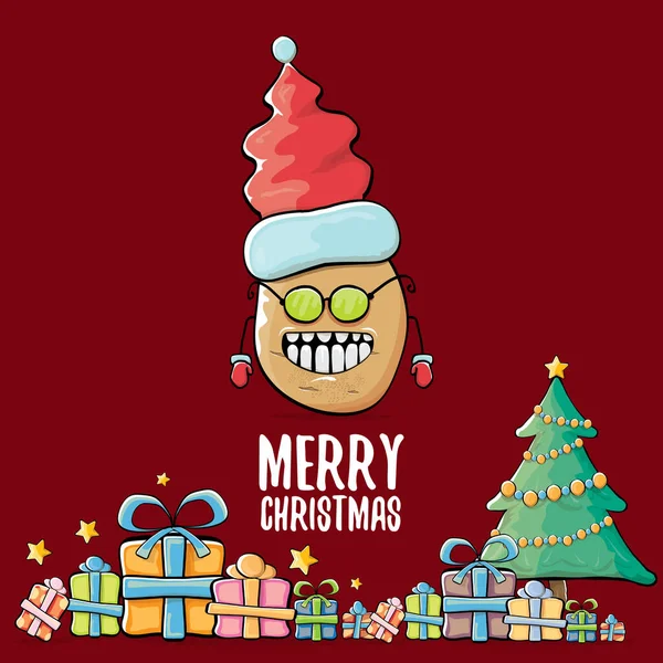 Vector funky comic cartoon cute brown smiling santa claus potato with red santa hat, gifts, tree and calligraphic merry christmas text isolated on red background. vegetable funky christmas character — Stock Vector