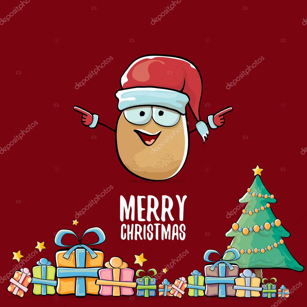 Vector funky comic cartoon cute smiling santa claus potato with red santa hat, gifts, tree and calligraphic merry christmas text isolated on red background. vegetable funky christmas character