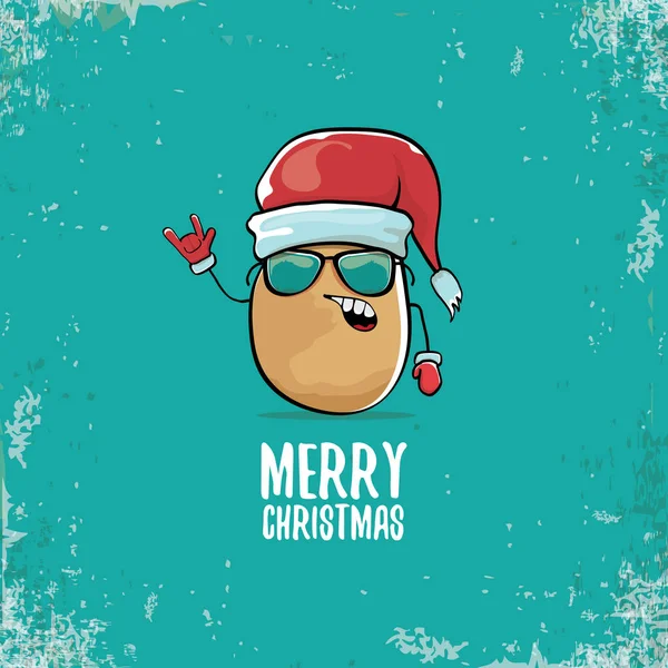 Vector funky comic cartoon cute smiling santa claus potato character with red santa hat and calligraphic merry christmas text isolated on turquoise background. vegetable funky christmas food character — Stock Vector