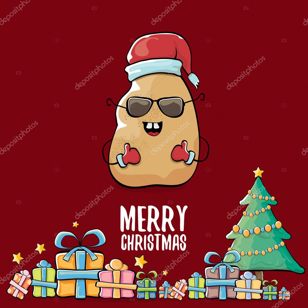 Vector funky comic cartoon cute smiling santa claus potato with red santa hat, gifts, tree and calligraphic merry christmas text isolated on red background. vegetable funky christmas character