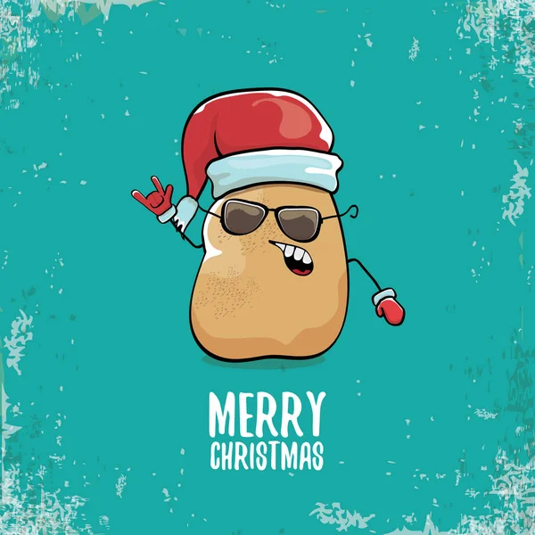 Vector funky comic cartoon bonito sorrindo personagem de batata de santa claus com chapéu de santa vermelho e caligrafia alegre texto de Natal isolado em fundo turquesa. vegetal funky caráter de comida de Natal — Vetor de Stock