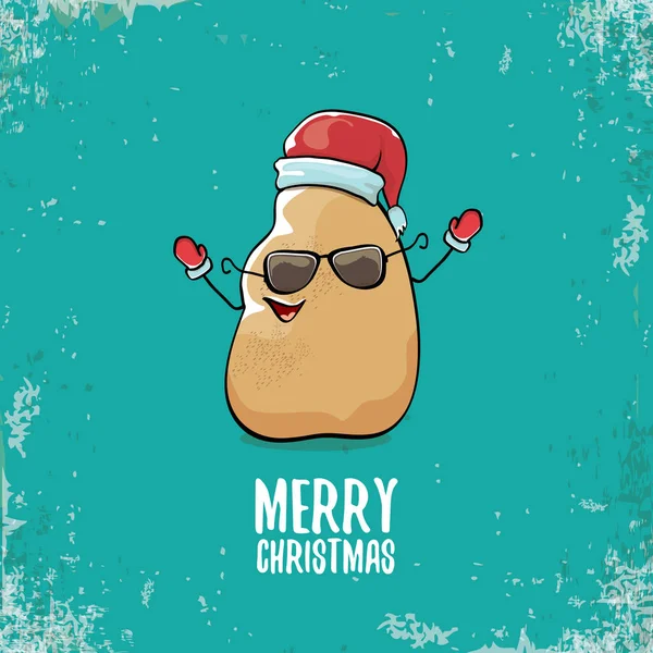 Vector funky comic cartoon cute smiling santa claus potato character with red santa hat and calligraphic merry christmas text isolated on turquoise background. vegetable funky christmas food character — Stock Vector