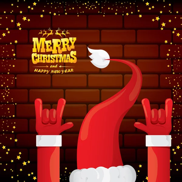 Vektor tecknad Santa Claus rock n roll stil med gyllene hälsning text på tegel vägg bakgrund med jul stjärna ljus. God Jul Rock n roll party affisch design eller gratulationskort. — Stock vektor