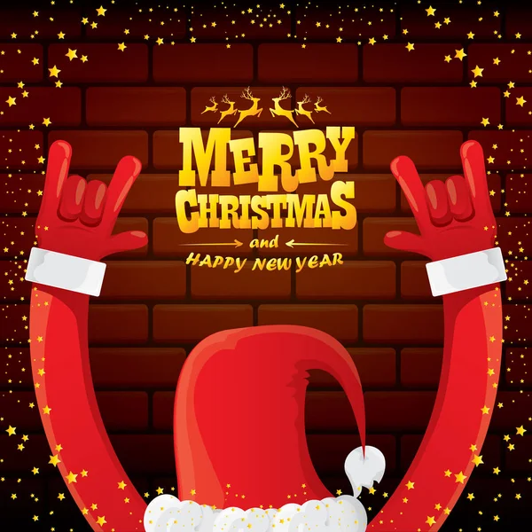 Vektor Cartoon Santa Claus Rock n Roll-Stil mit goldenem Gruß Text auf Backstein-Wand Hintergrund mit Weihnachtsstern Lichter. Frohe Weihnachten Rock n Roll Party Plakatentwurf oder Grußkarte. — Stockvektor