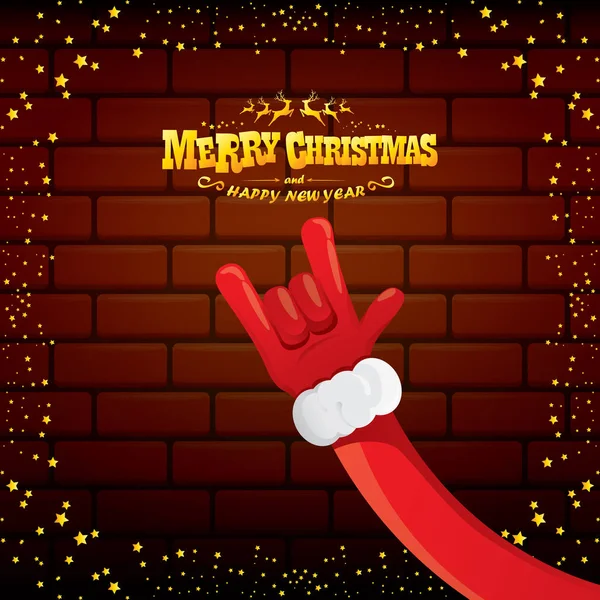 Vektor Cartoon Santa Claus Rock n Roll-Stil mit goldenem Gruß Text auf Backstein-Wand Hintergrund mit Weihnachtsstern Lichter. Frohe Weihnachten Rock n Roll Party Plakatentwurf oder Grußkarte. — Stockvektor