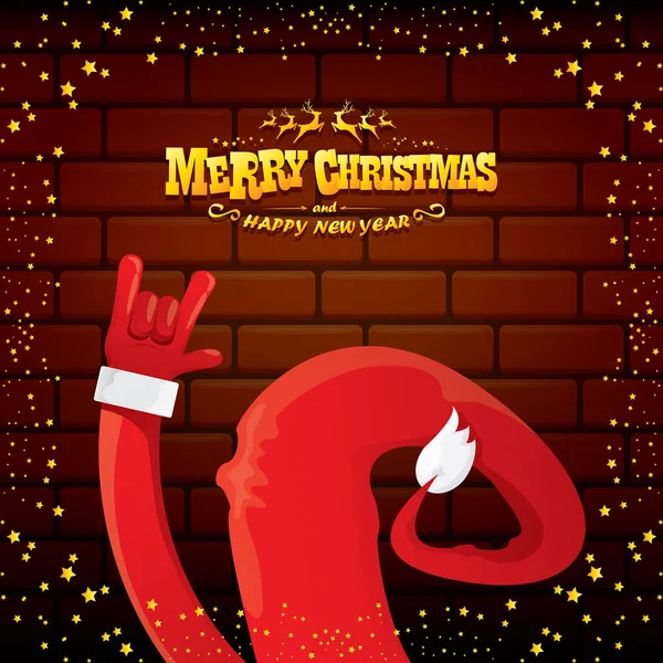 Vektor tecknad Santa Claus rock n roll stil med gyllene hälsning text på tegel vägg bakgrund med jul stjärna ljus. God Jul Rock n roll party affisch design eller gratulationskort. — Stock vektor
