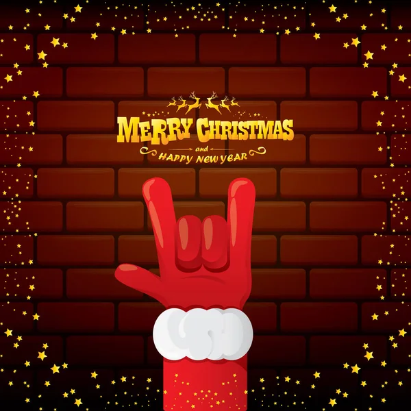 벡터 만화 산타클로스 록 N 롤 스타일 과 크리스마스 스타등을 배경으로 벽돌 벽에 황금색 인사말이 쓰여 있다. 메리 크리스마스 락 N 롤 파티 포스터 디자인 또는 인사말 카드. — 스톡 벡터