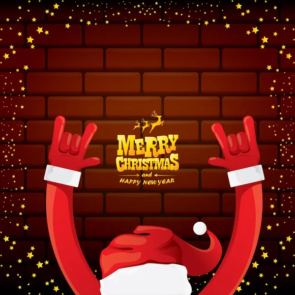 Wektor kreskówka Santa Claus rock n rolla stylu ze złotym powitaniem tekst na tle ściany z cegły światła gwiazd Bożego Narodzenia. Wesołych Świąt Rock n roll strona plakat projekt lub kartka okolicznościowa. — Wektor stockowy