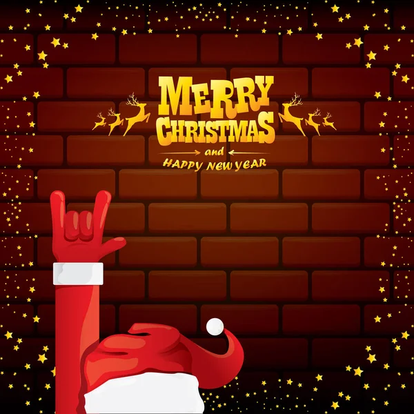 Vector de dibujos animados de Santa Claus rock n roll estilo con texto de saludo de oro en el fondo de la pared de ladrillo con luces de estrella de Navidad. Feliz Navidad Rock n roll diseño de póster de fiesta o tarjeta de felicitación . — Vector de stock