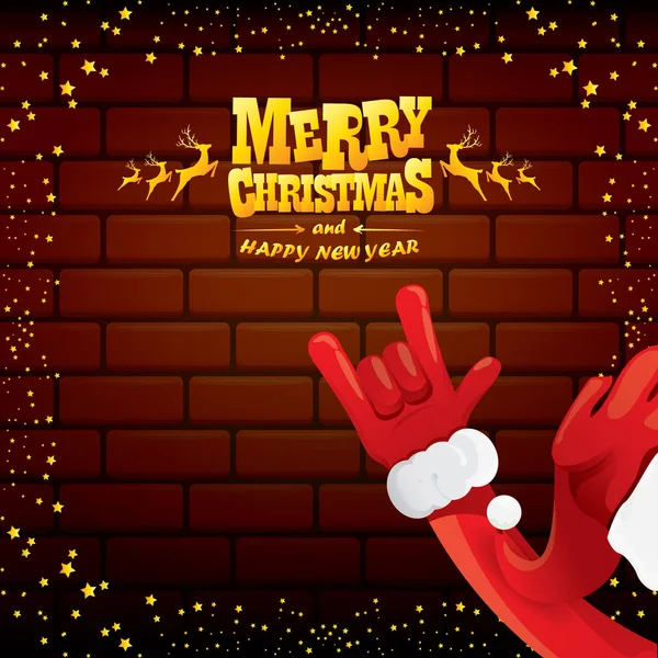 Vector de dibujos animados de Santa Claus rock n roll estilo con texto de saludo de oro en el fondo de la pared de ladrillo con luces de estrella de Navidad. Feliz Navidad Rock n roll diseño de póster de fiesta o tarjeta de felicitación . — Vector de stock