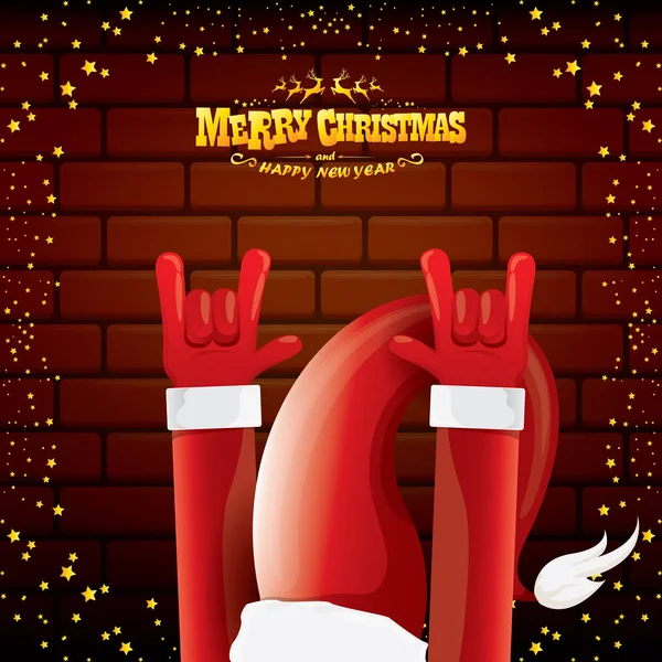 Διάνυσμα κινούμενα σχέδια Santa Claus rock n roll στυλ με χρυσό κείμενο χαιρετισμού σε φόντο τούβλο τοίχο με φώτα αστέρι Χριστούγεννα. Καλά Χριστούγεννα Rock n roll κόμμα αφίσα σχεδιασμό ή ευχετήρια κάρτα. — Διανυσματικό Αρχείο
