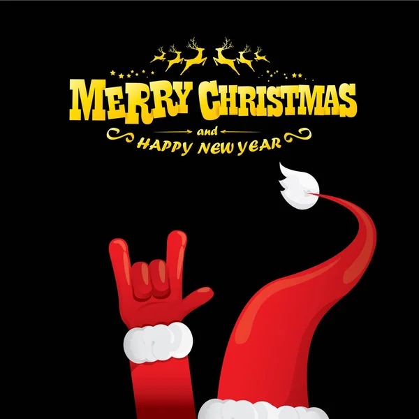 Vektor tecknad Santa Claus rock n roll stil med gyllene hälsning text på svart bakgrund med jul stjärna ljus. God Jul Rock n roll party affisch design eller gratulationskort. — Stock vektor