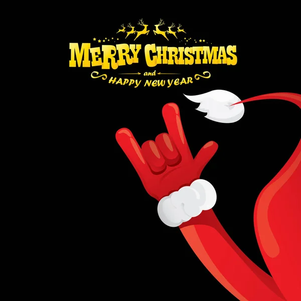 Vector de dibujos animados estilo Santa Claus rock n roll con texto de saludo de oro sobre fondo negro con luces de estrella de Navidad. Feliz Navidad Rock n roll diseño de póster de fiesta o tarjeta de felicitación . — Vector de stock