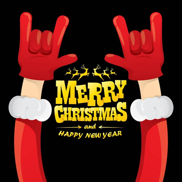 Desenho animado vetor Papai Noel rock n roll estilo com texto de saudação dourada em fundo preto com luzes estrela de Natal. Feliz Natal Rock n roll festa cartaz design ou cartão de saudação . —  Vetores de Stock