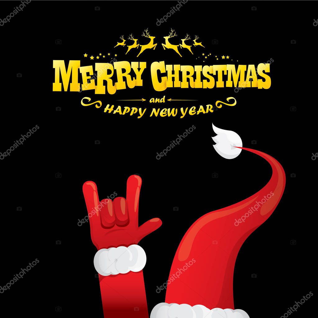 Vector cartoon Santa Claus rock n roll style with greeting text on black background with christmas star lights. Merry Christmas Rock n roll party poster design or greeting card.