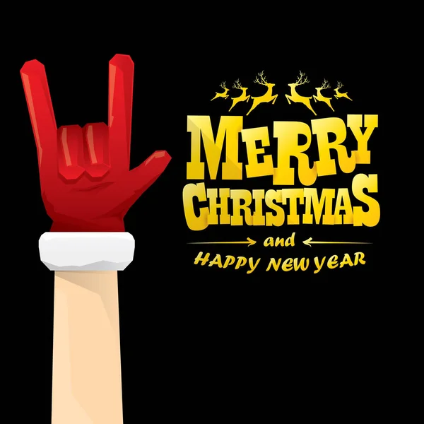 Vector de dibujos animados estilo Santa Claus rock n roll con texto de saludo de oro sobre fondo negro con luces de estrella de Navidad. Feliz Navidad Rock n roll diseño de póster de fiesta o tarjeta de felicitación . — Vector de stock