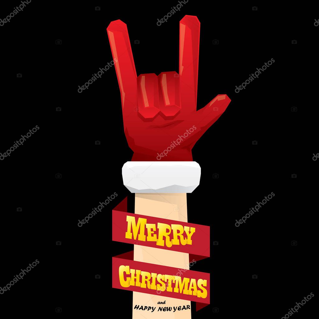 Vector cartoon Santa Claus rock n roll style with greeting text on black background with christmas star lights. Merry Christmas Rock n roll party poster design or greeting card.