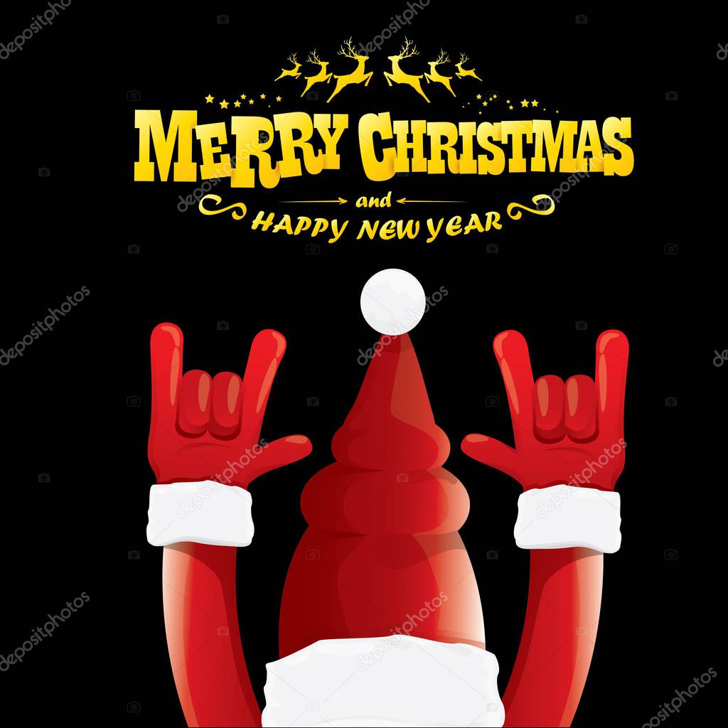 Vector cartoon Santa Claus rock n roll style with greeting text on black background with christmas star lights. Merry Christmas Rock n roll party poster design or greeting card.