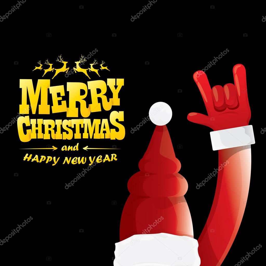 Vector cartoon Santa Claus rock n roll style with greeting text on black background with christmas star lights. Merry Christmas Rock n roll party poster design or greeting card.