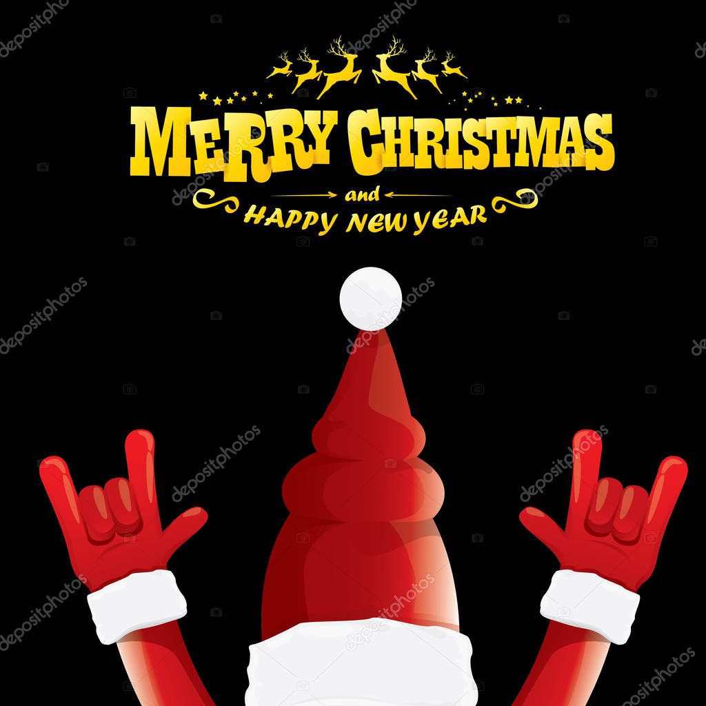 Vector cartoon Santa Claus rock n roll style with greeting text on black background with christmas star lights. Merry Christmas Rock n roll party poster design or greeting card.