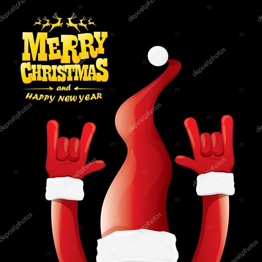 Vector cartoon Santa Claus rock n roll style with greeting text on black background with christmas star lights. Merry Christmas Rock n roll party poster design or greeting card.