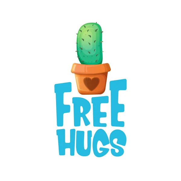 Gratis knuffels tekst en cartoon groene cactus in pot wit op violette achtergrond. grappige kamerplant icoon met citaat of slogan voor print op tee. International gratis knuffels dag concept — Stockvector